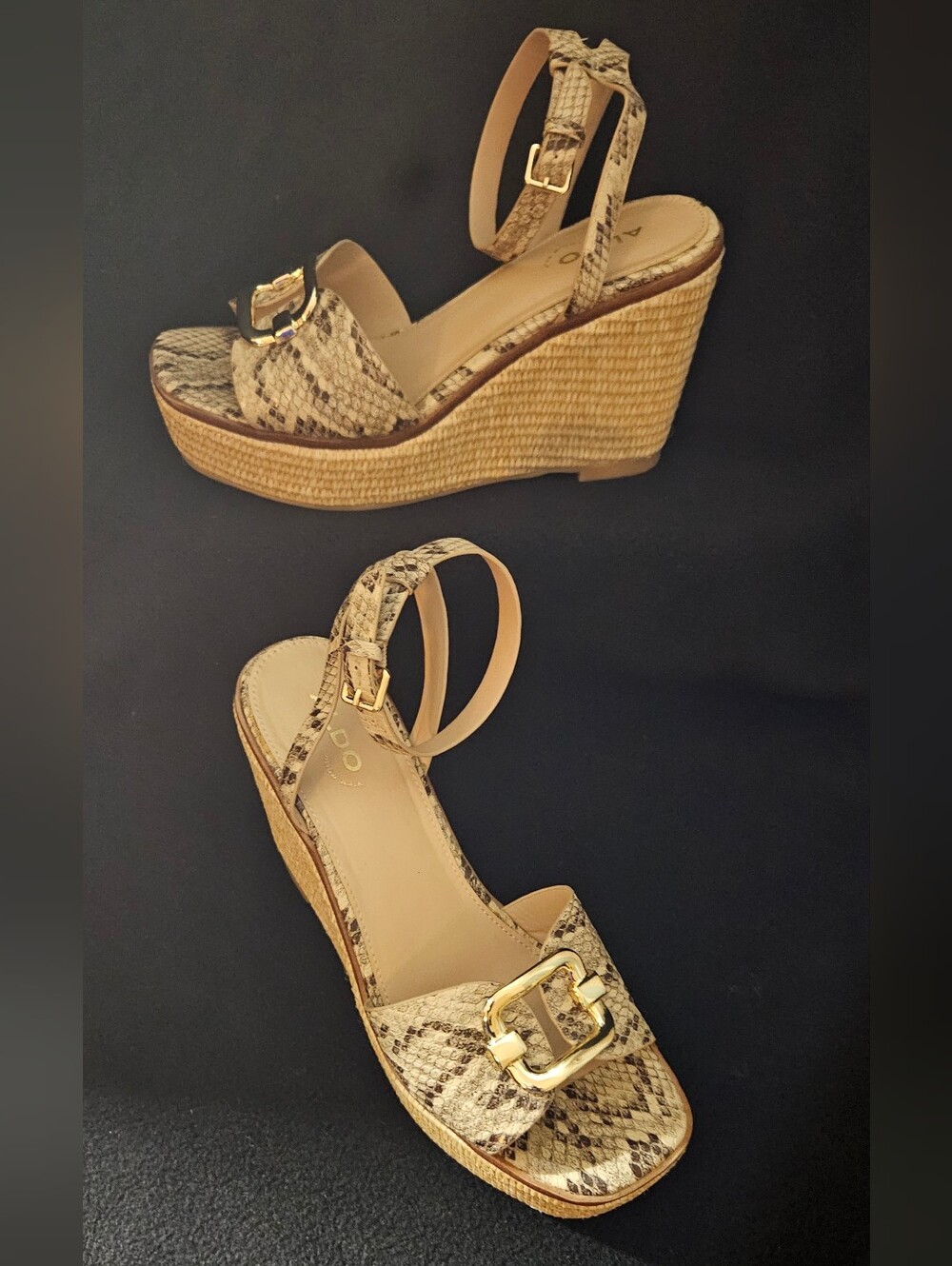 Aldo "Droin" Tan Faux Snake-Print Wedge Sandals with Gold Buckle - Size 7.5